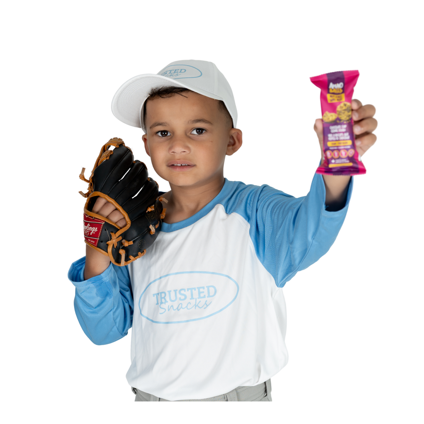 Photo of young baseball players in trusted snacks jersey, glove and holding a snack outright