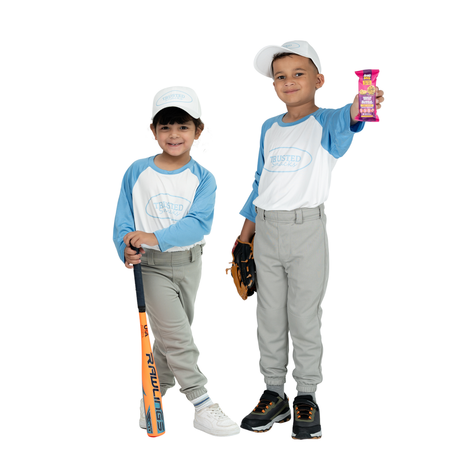 Photo of two young baseball players in trusted snacks jerseys