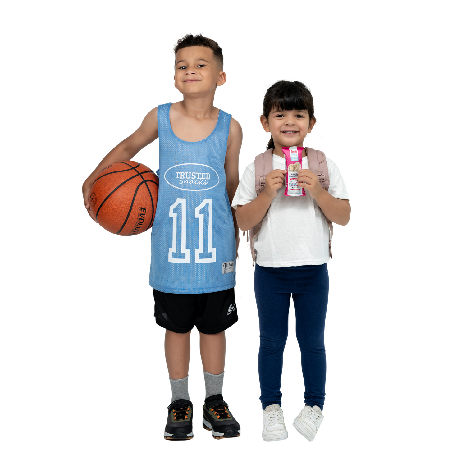 Kid with trusted snacks jersey and holding backpack with snacks